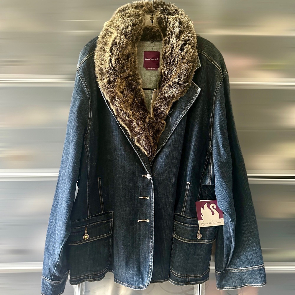 Gloria Vanderbilt Womens 5X Denim Jacket Faux Fur Collar Dark Wash L2058X NEW